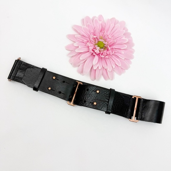 Rag & Bone Adjustable Leather Belt Rose Gold Hardware Black - Picture 1 of 8